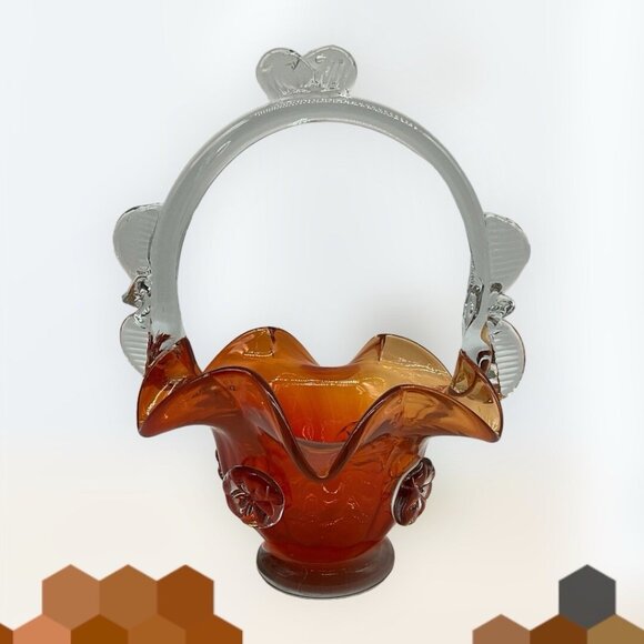 Vintage Hungarian Art Glass Burnt Orange And Clear 10 Inch Basket Collectible - Picture 6 of 16